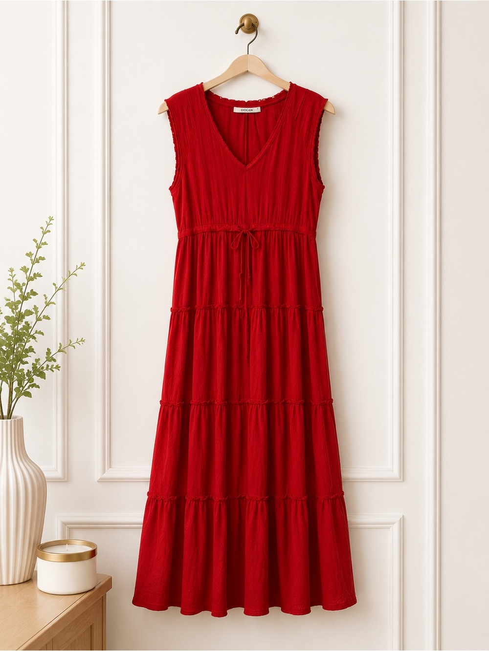 Giocam Red 100% Cotton Tiered Midi Dress Large V-Neck Pocket Casual Boho